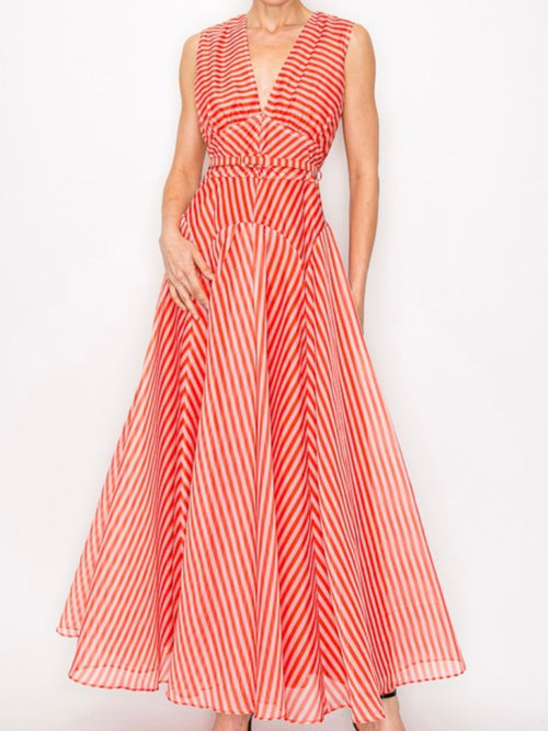 Beautiful Red Striped V Neck Midi Dress