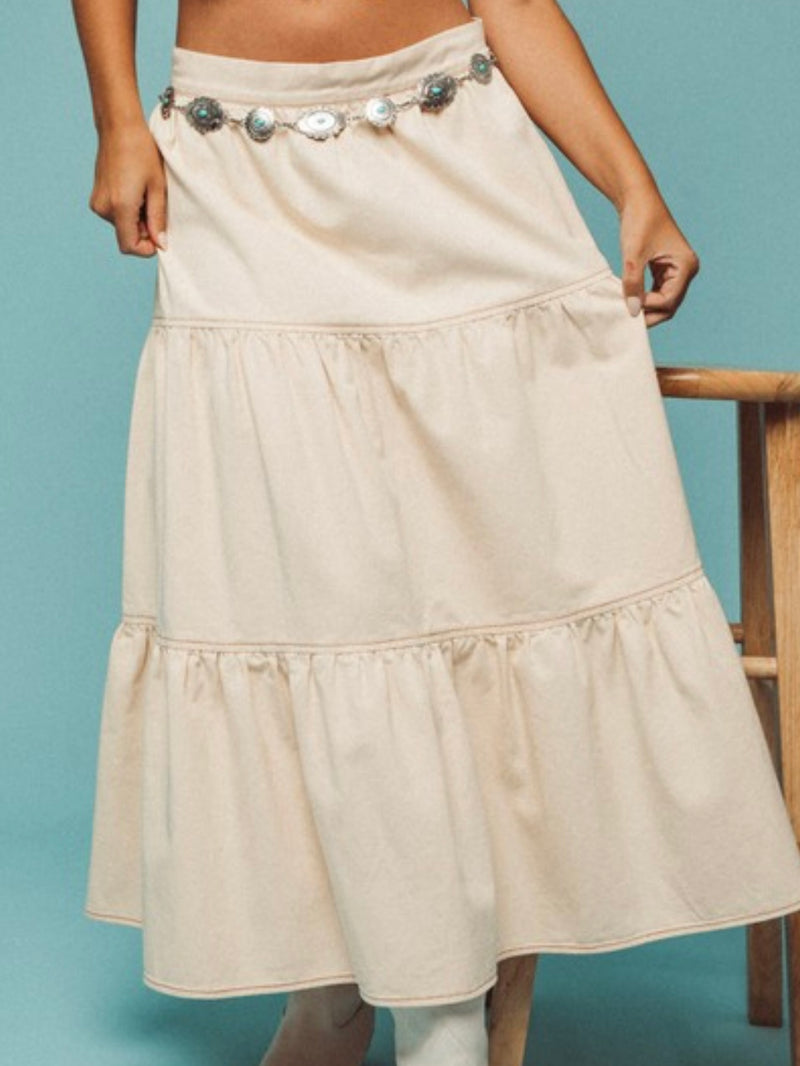 Cream Tiered Denim Midi Skirt