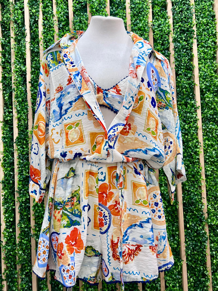 Tropical Watercolor Print Romper and Bra Set