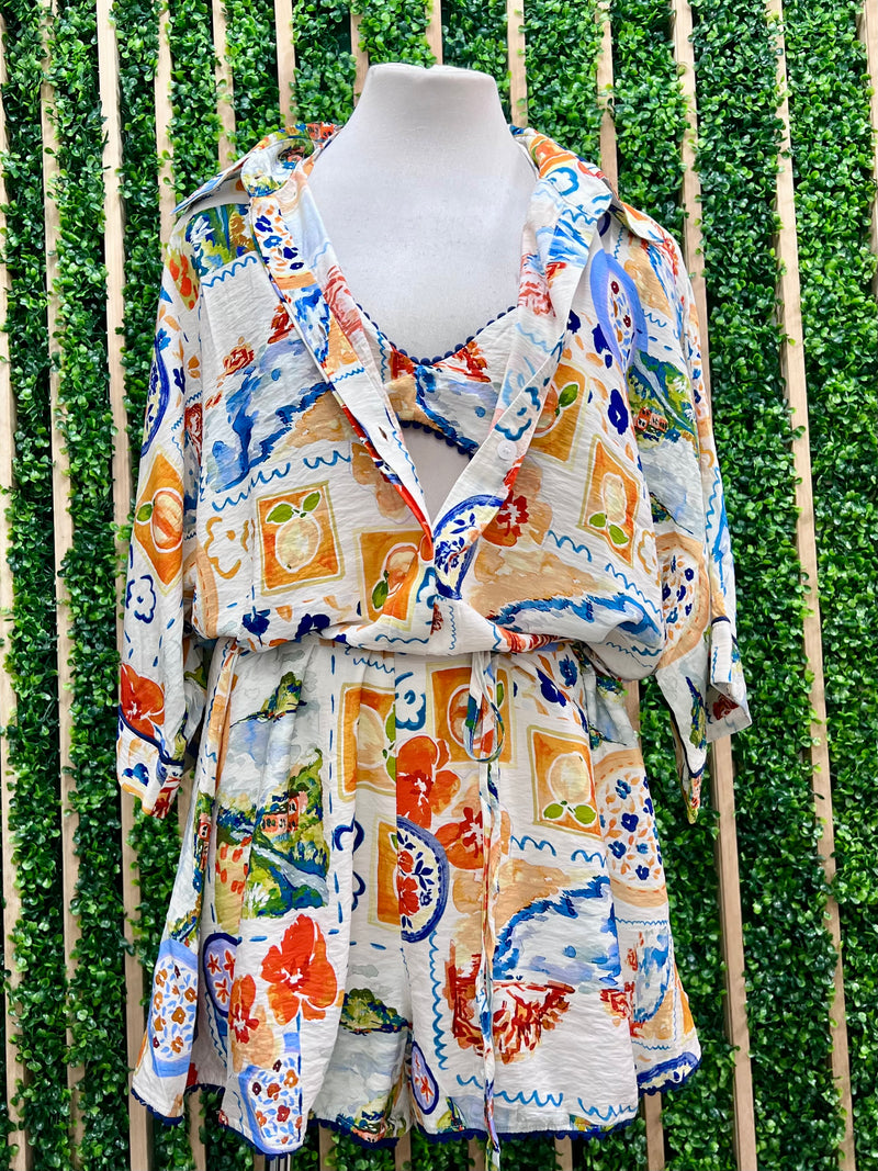 Tropical Watercolor Print Romper and Bra Set