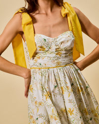 Yellow Floral Print Woven Feminine Ribbon Strap Dress
