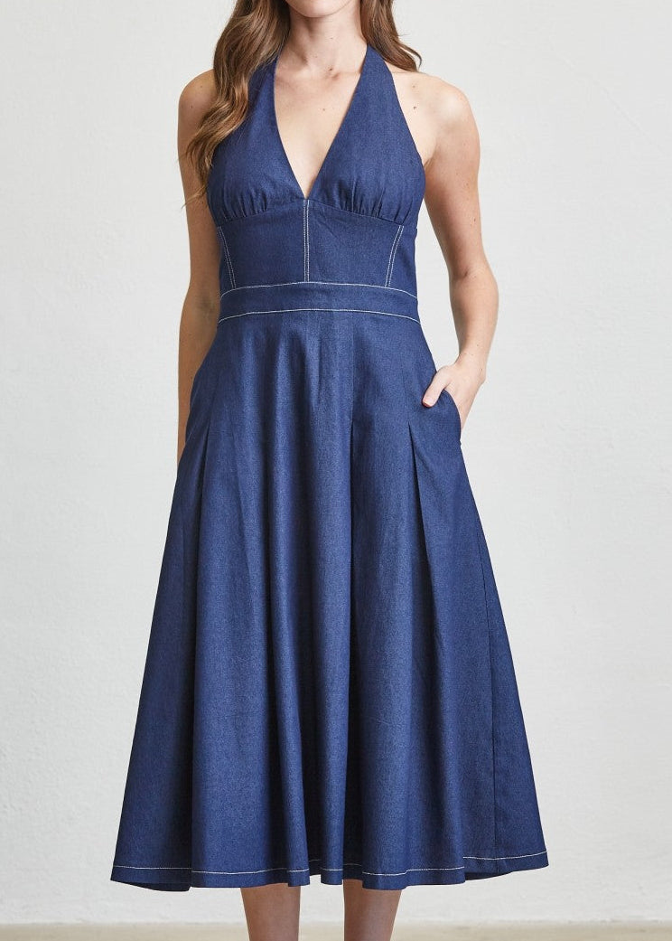 Halter Neck Contrast Stitch Denim Midi Dress