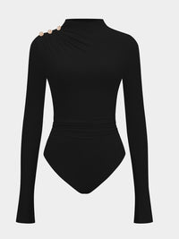 Ruched Mock Neck Bodysuit with Jeweled Shoulder Buttons
