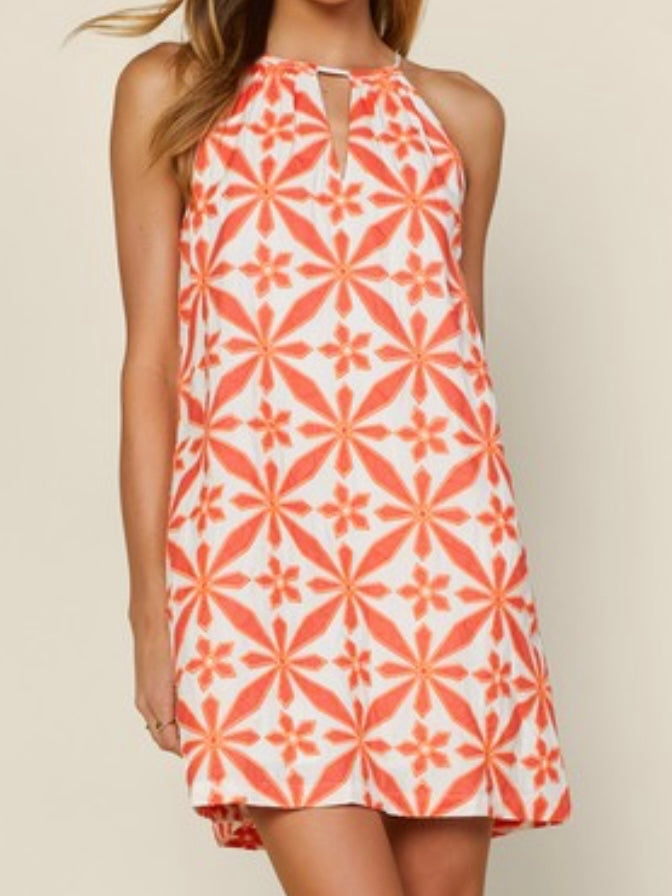 Orange Embroidered Halter Neckline Dress