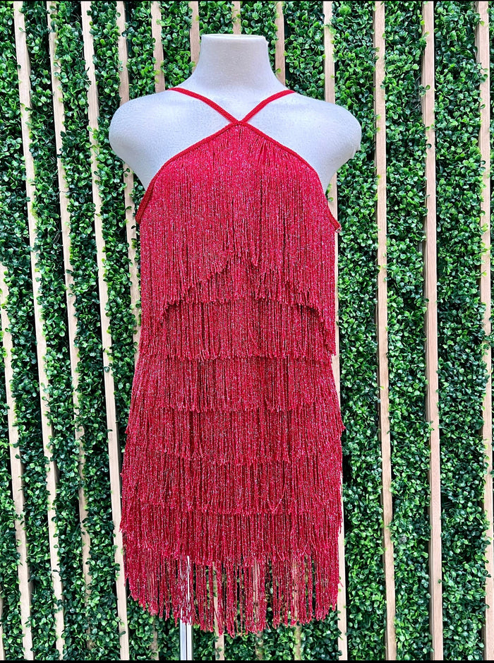 Red Glittery Fringe Short Dress