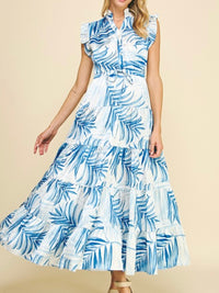 Beautiful Blue Leaves Angel Sleeve Maxi Dress