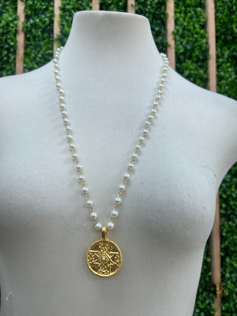 WD Rosary Pearl Adorned Cross Coin Necklace