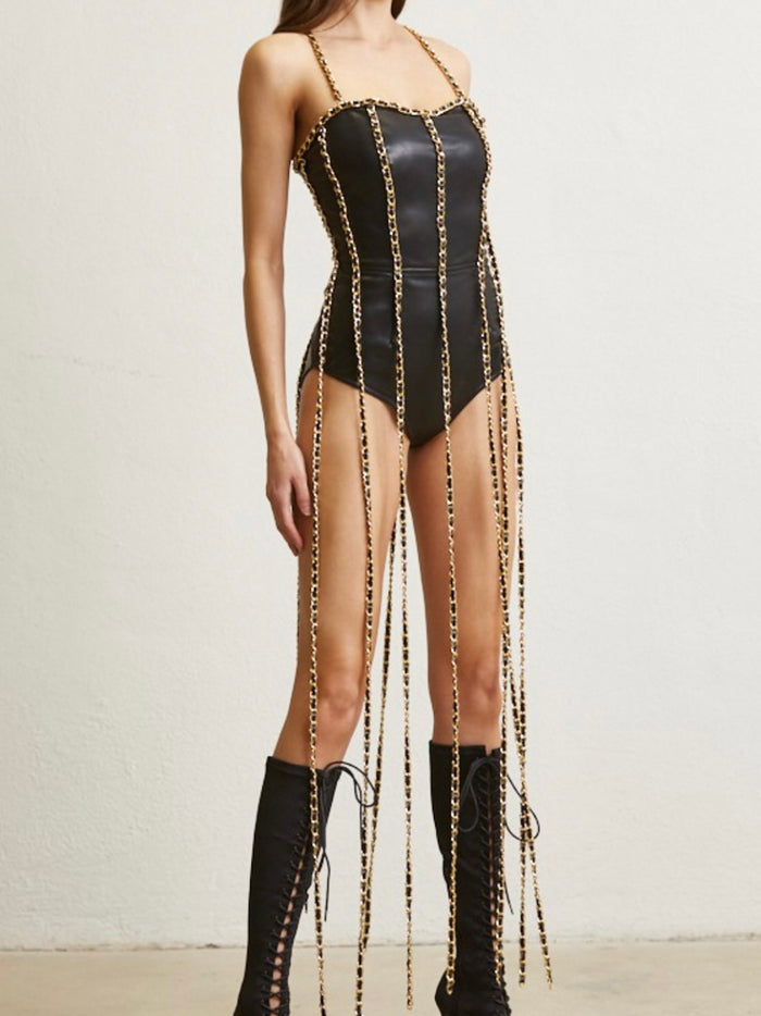 Exquisite Chain Detail Black Pleather Bodysuit