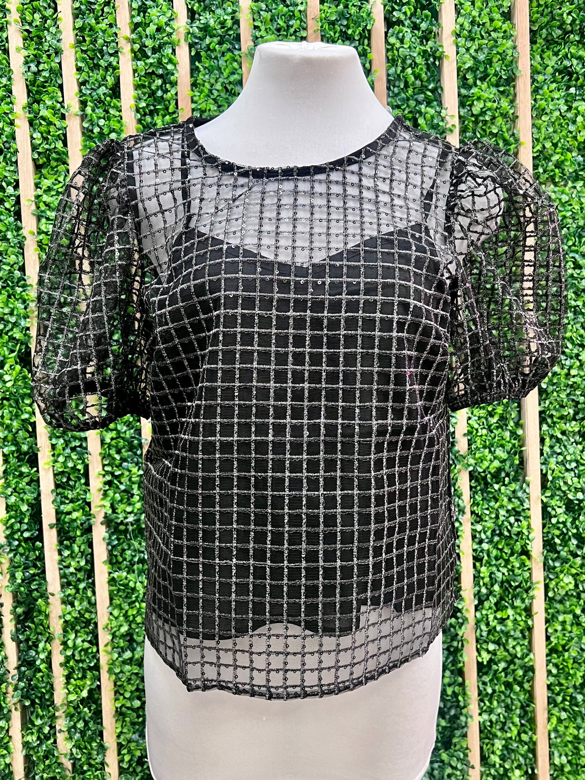 Black Sequin Organza Mesh Blouse