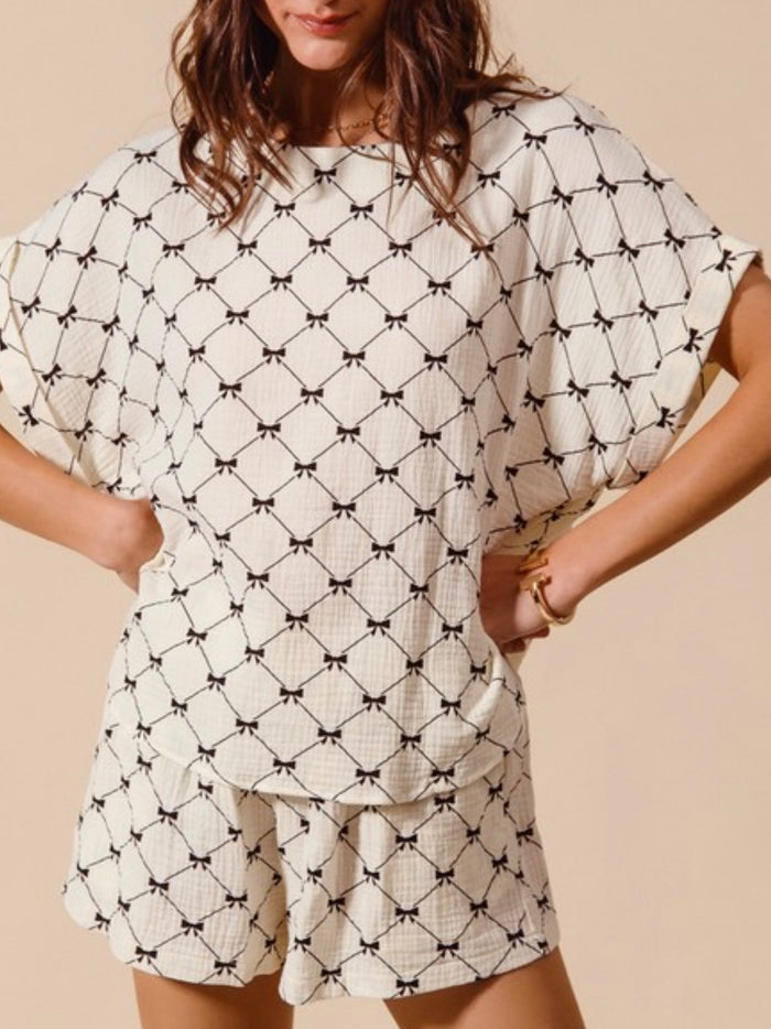 Ivory Bow Printed Gauze Short Pant Set