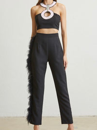 Rhinestone and Feather Detail Pant Set