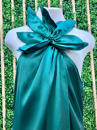 Beautiful Green Satin Floral Wrap Maxi Dress