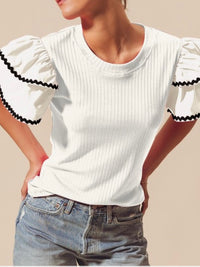 White Black Rig Rag Trim Angel Sleeve Blouse