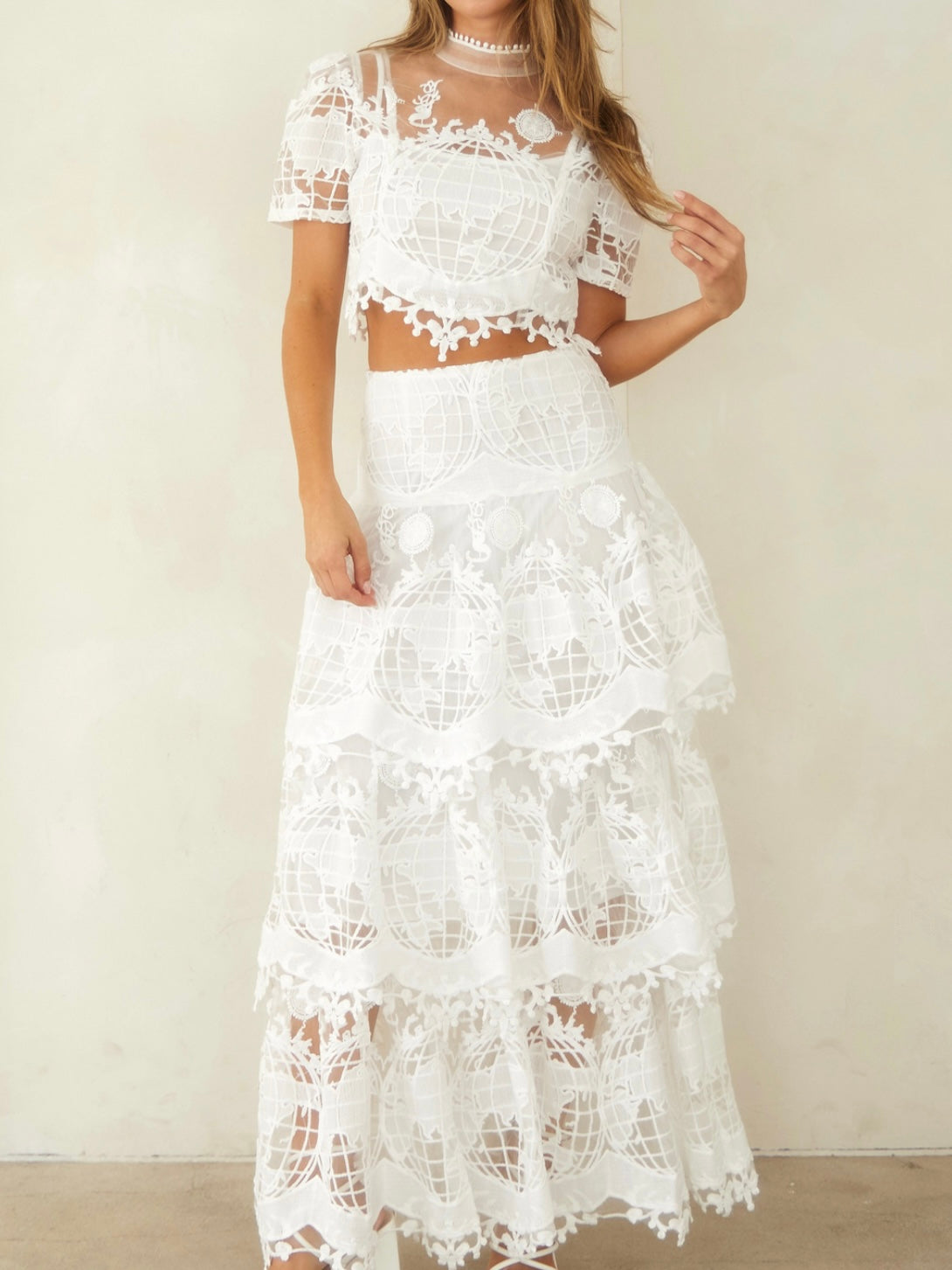 Exquisite White Lace Tiered Maxi Skirt