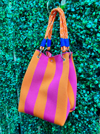 Striped Ring Clasp Woven Bucket Bag