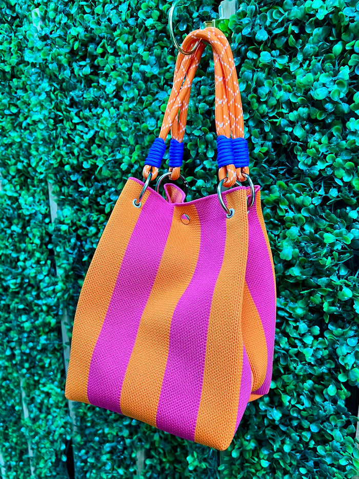 Striped Ring Clasp Woven Bucket Bag