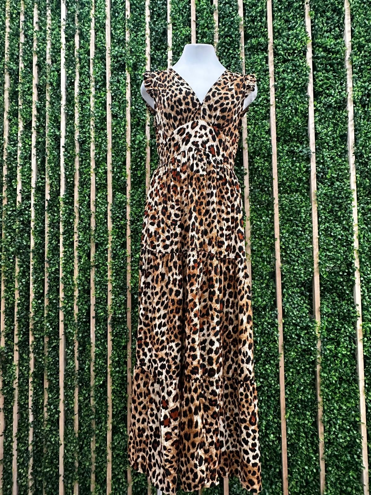 Leopard V NEck Cinched Waist Maxi Dress