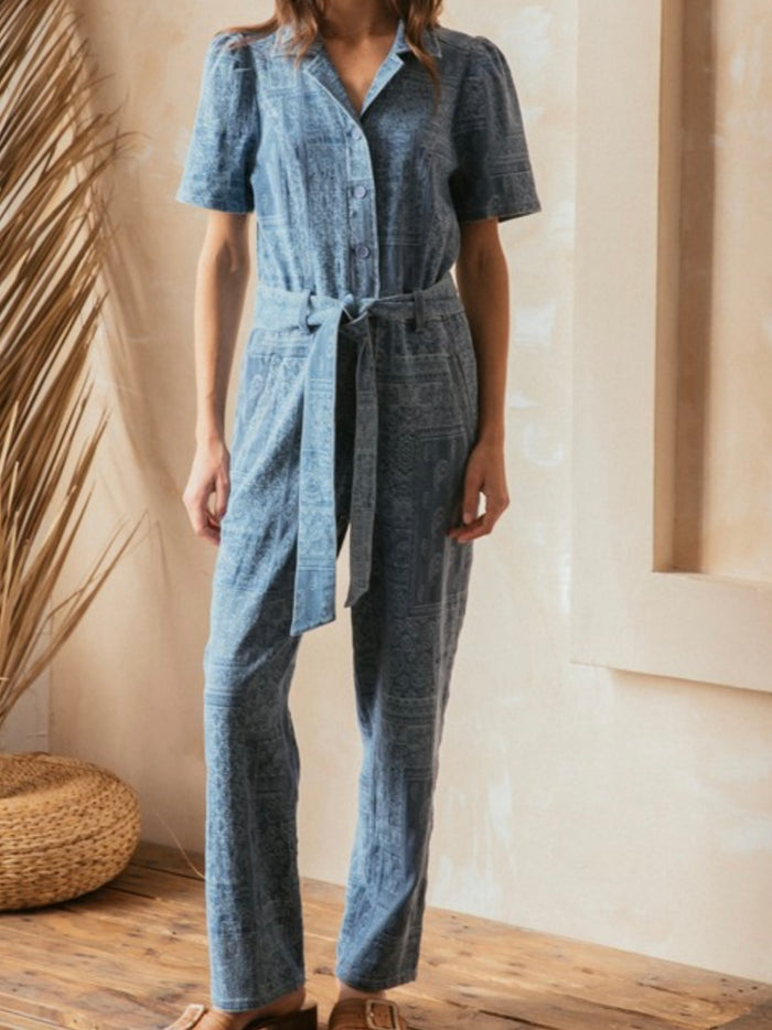 Bandana Denim Collared Jumpsuit