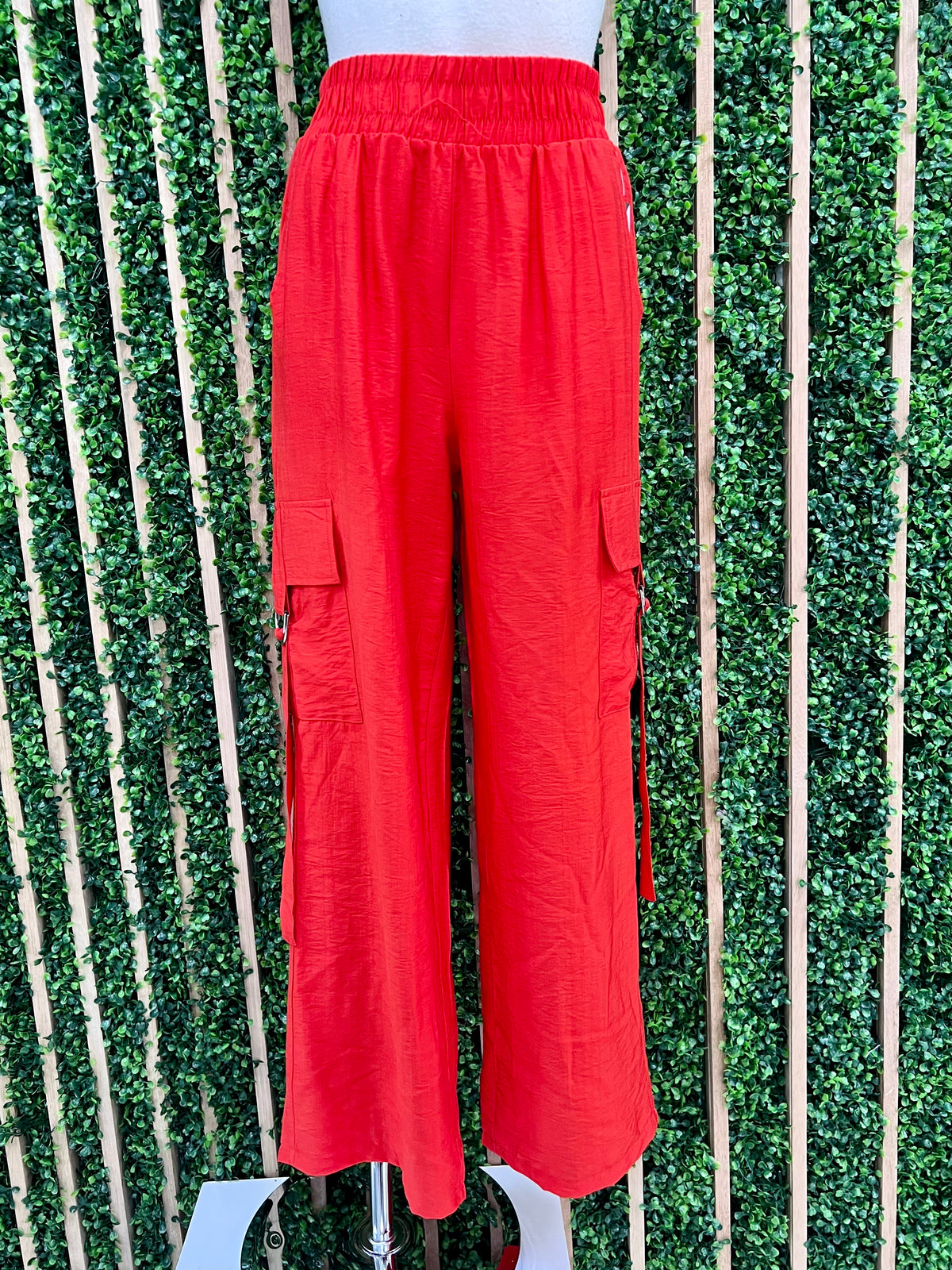 Tomato Red Linen Blend Cargo Pants