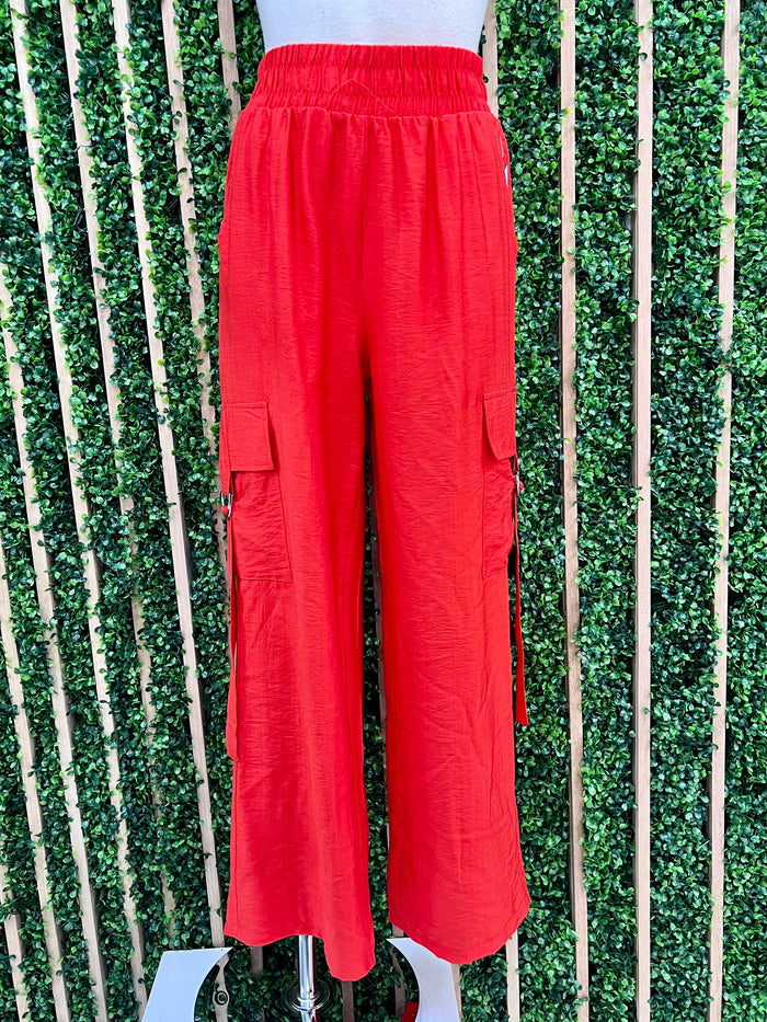Tomato Red Linen Blend Cargo Pants
