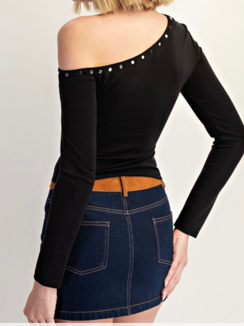 Black One Shoulder Stud Detail Knit Long Sleeve Top