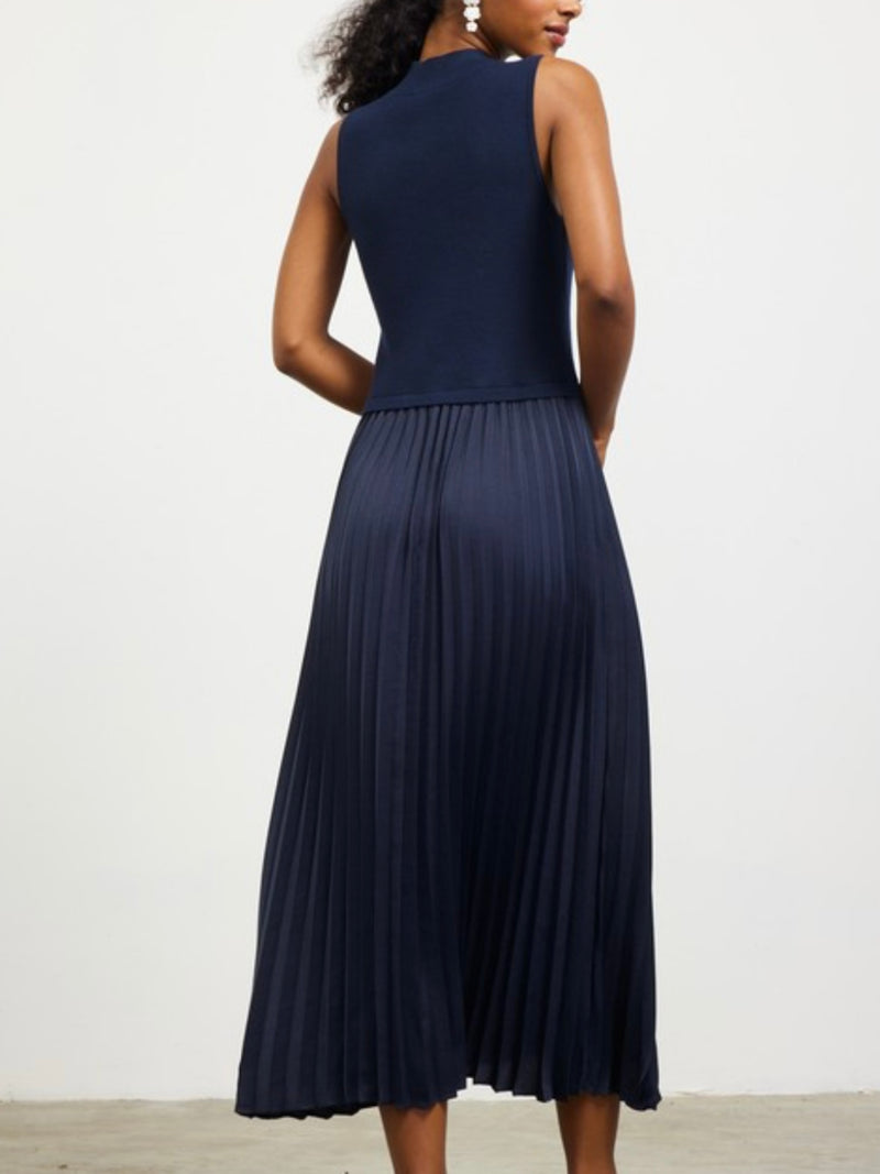 Navy Contrast Pleated Skirt Midi Dress