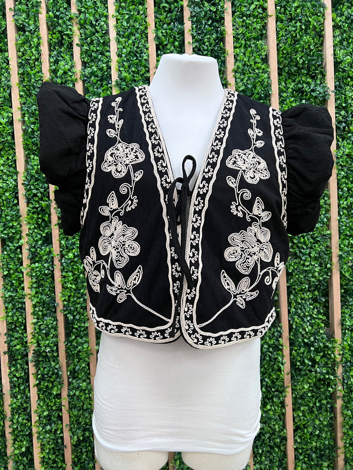 Black Embroidered Crop Vest