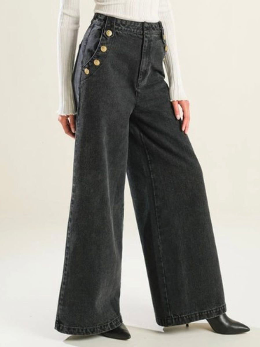 Button Detail Wide LEg Denim Pants