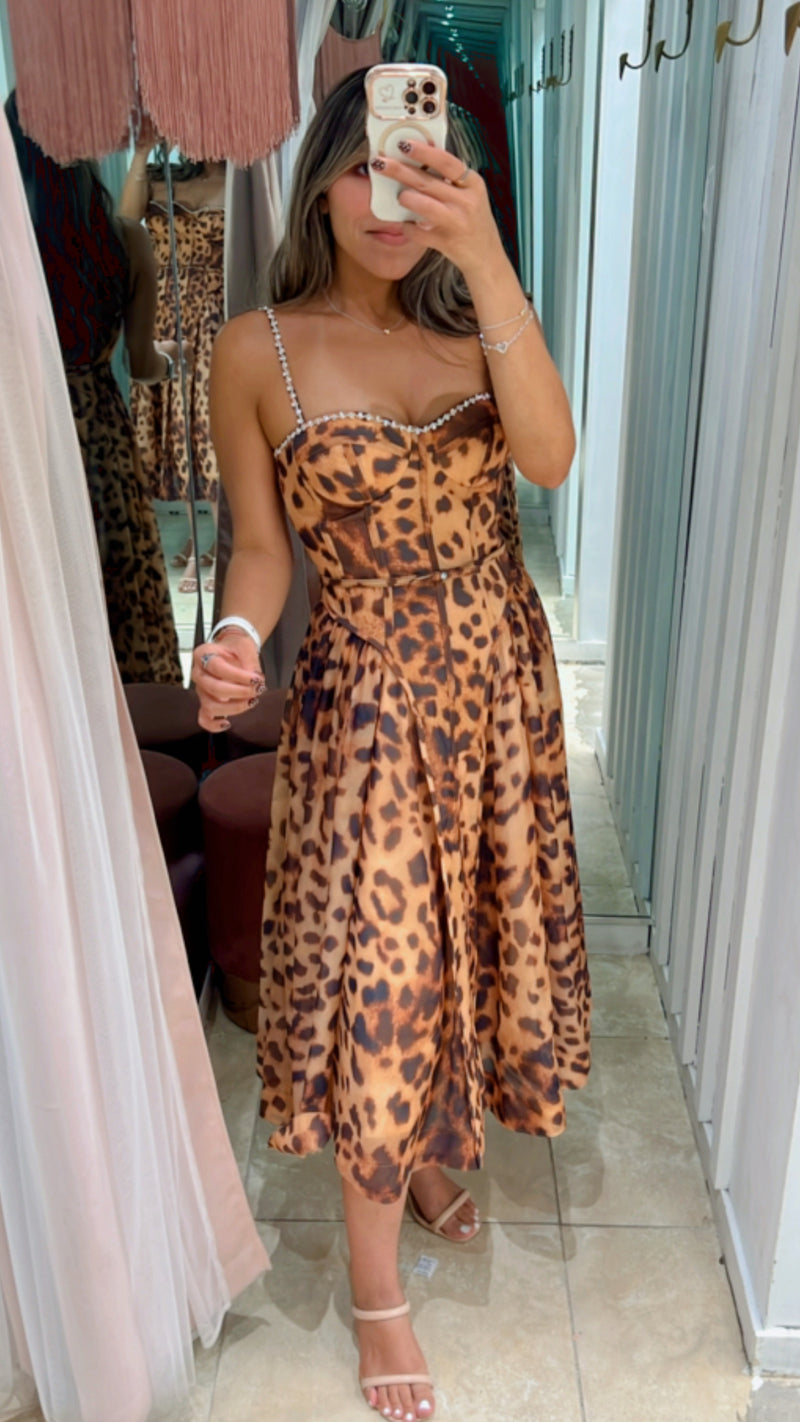 Exquisite Rhinestone Trim Leopard Bustier Midi Dress