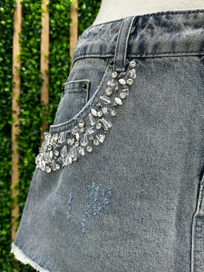 Rhinestone Embellished Denim Short Skirt