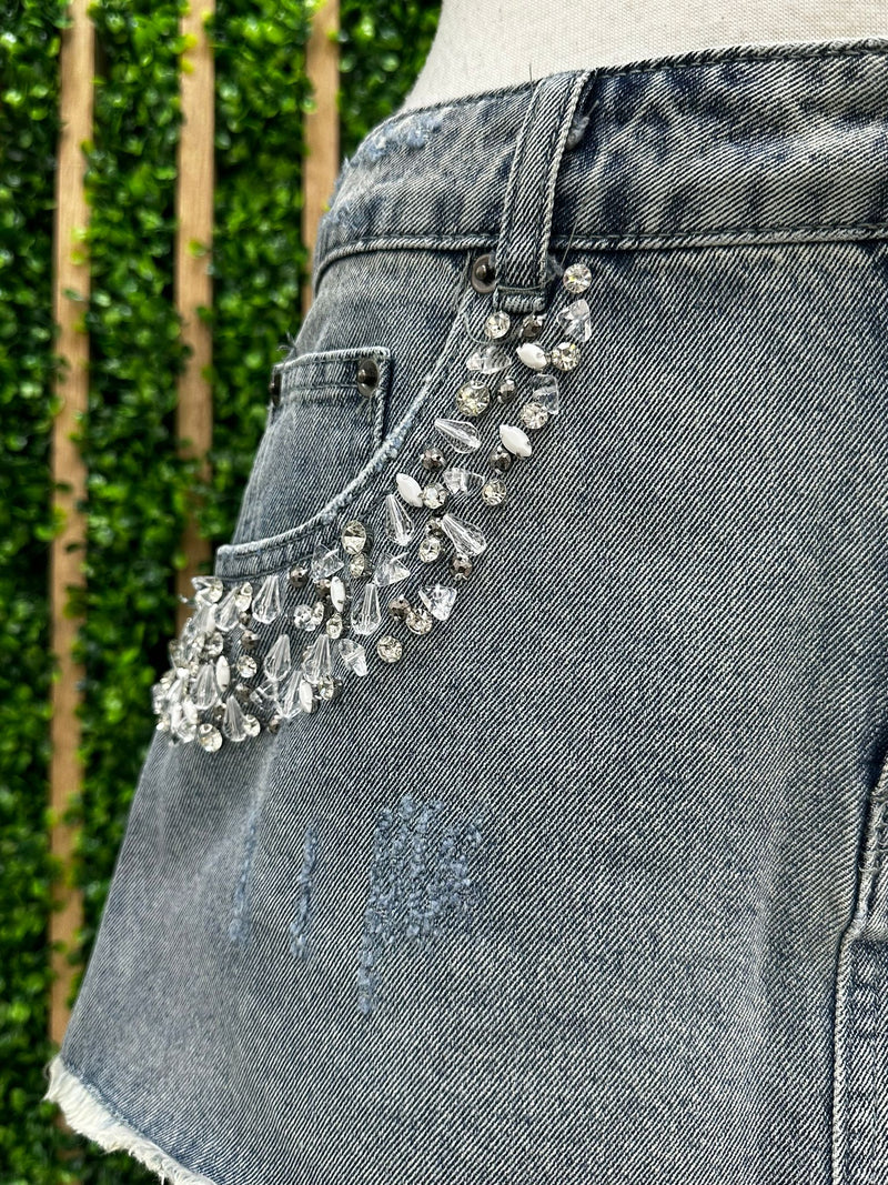 Rhinestone Embellished Denim Short Skirt
