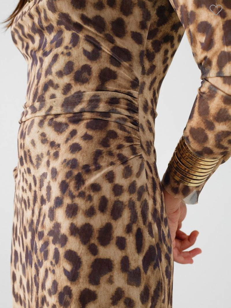 Sheer Long Sleeve Leopard Bodycon Midi Dress