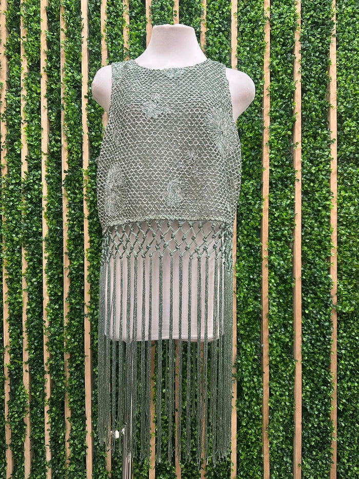 Beautiful Metallic Green Crochet Fringe Top