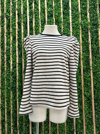 Black Oatmeal Stripe Long Puff Sleeve Blouse