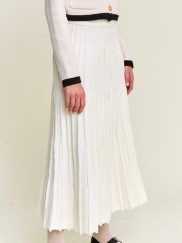 White Pleated Knit Midi Skirt