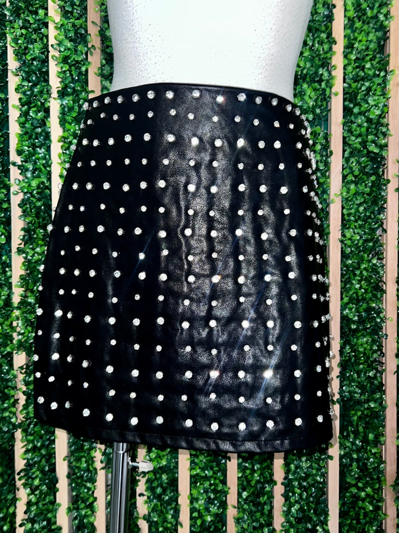 Black Rhinestone Embellished Pleather Skirt