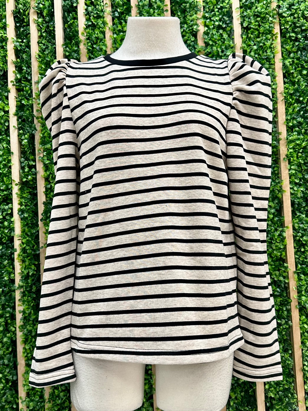 Black Oatmeal Stripe Long Puff Sleeve Blouse