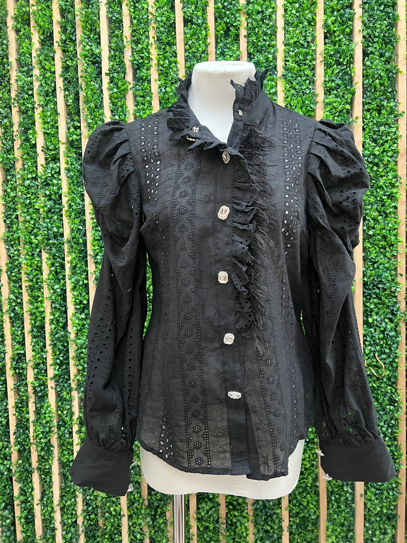 Black Eyelet Long Sleeve Feather Trim Blouse