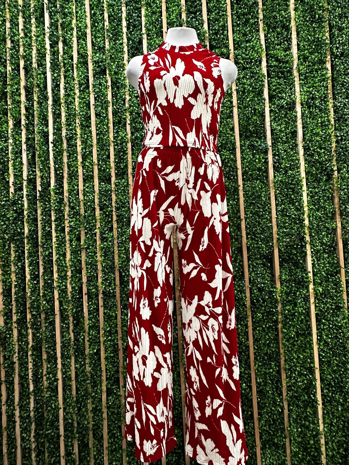 Red Floral Crinkled Pant Set