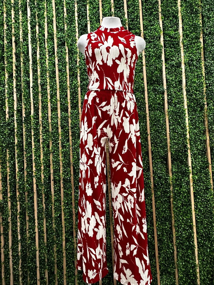 Red Floral Crinkled Pant Set