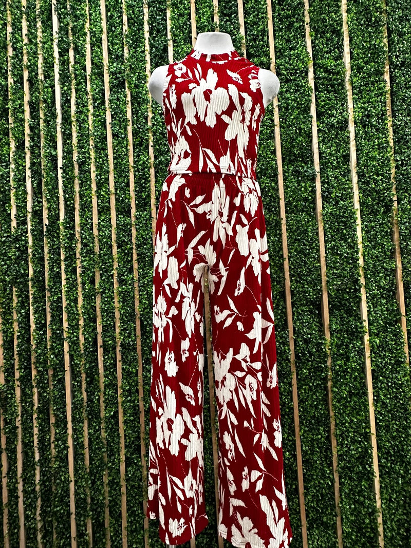 Red Floral Crinkled Pant Set