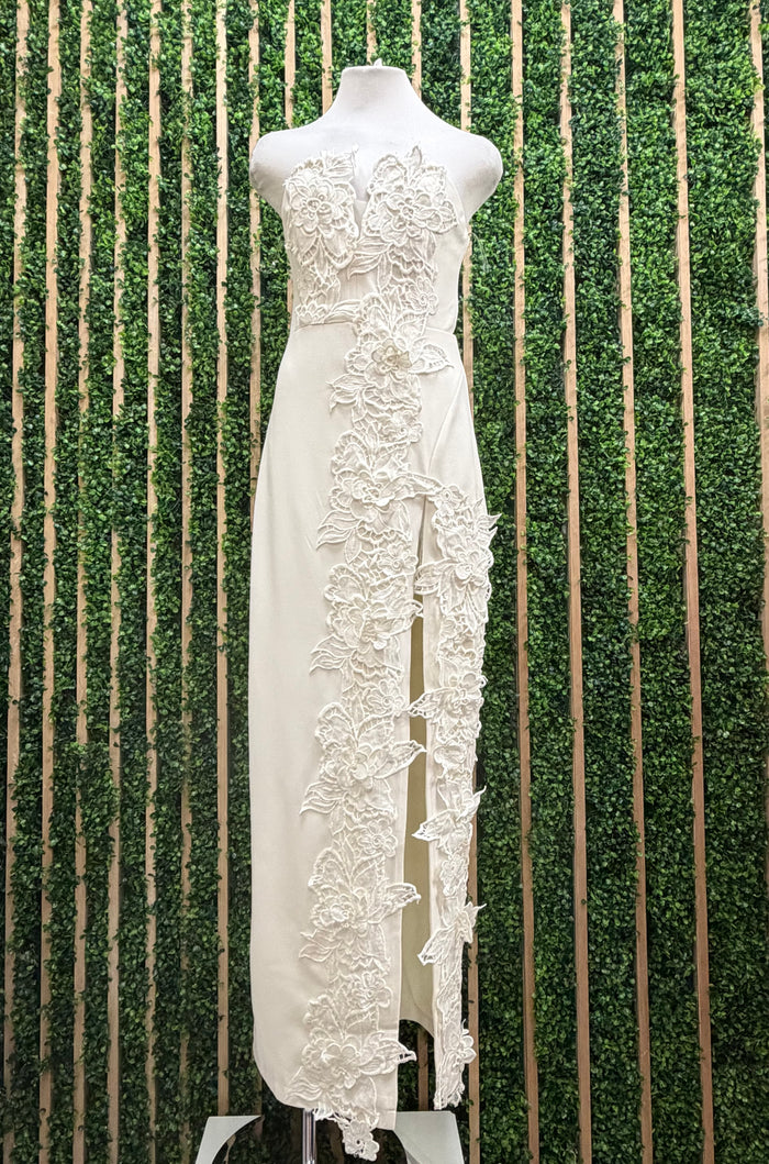 Exquisite White Floral Lace Fitted Slit Long Dress