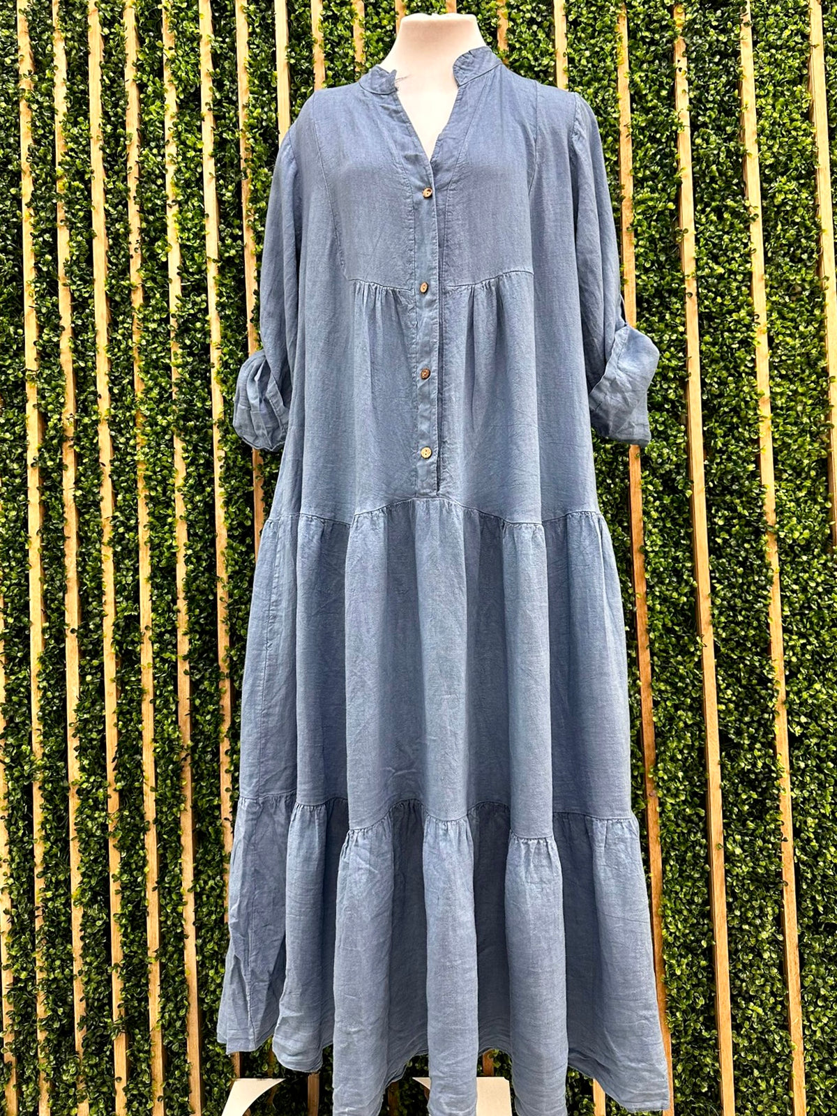 Collared Linen Tiered Maxi Dress