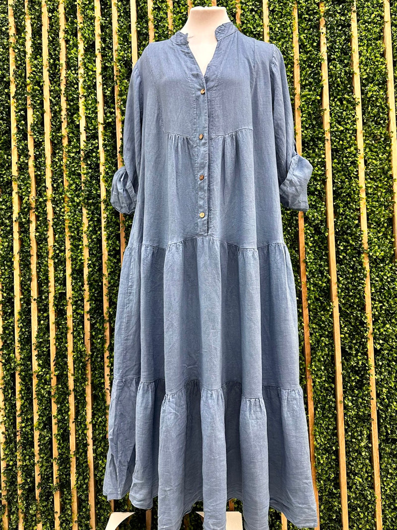 Collared Linen Tiered Maxi Dress