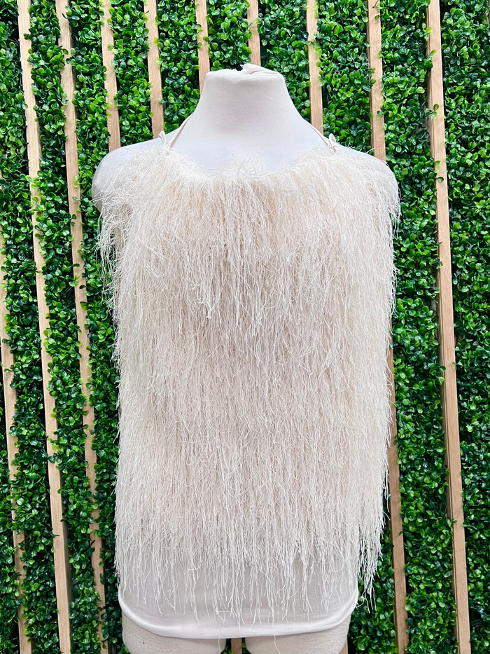 Ivory Fuzzy Fringe Halter Tank Top