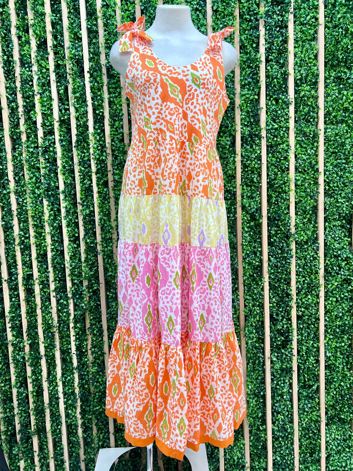 Green Orange Shoulder Tie Tiered Mxi Dress