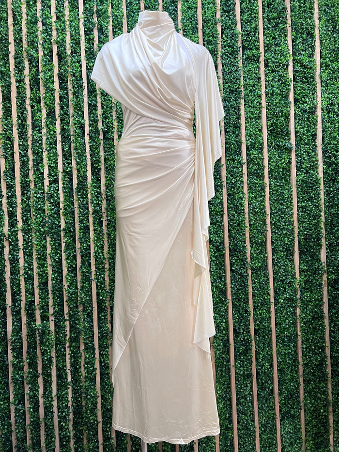 Champagne Asymmetrical Draped One-Shoulder Maxi Dress