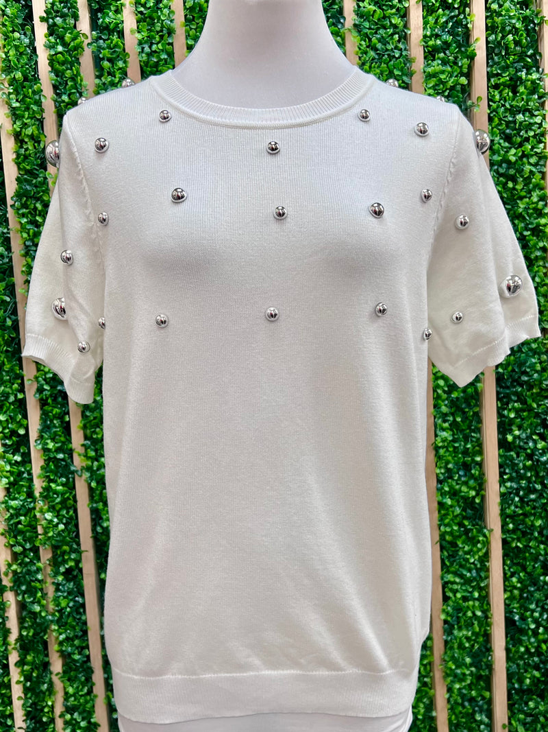 Gold Studded Short Sleeve Sweater Top