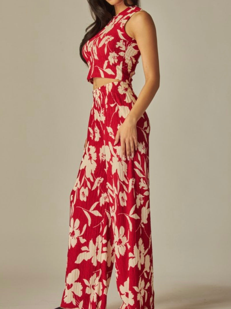 Red Floral Crinkled Pant Set