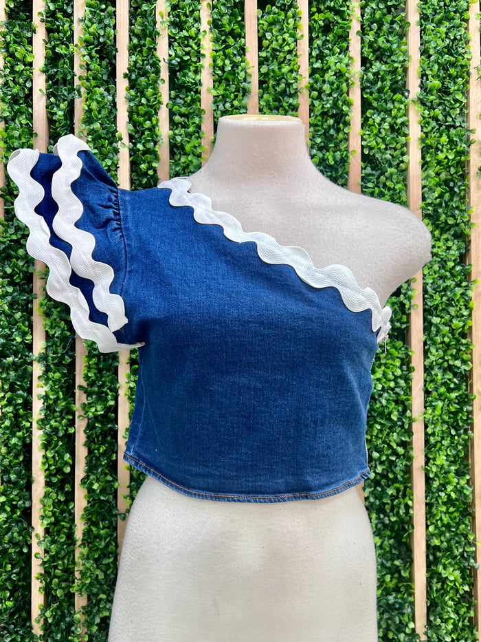 Rig Rag Trim One Shoulder Denim Crop Top